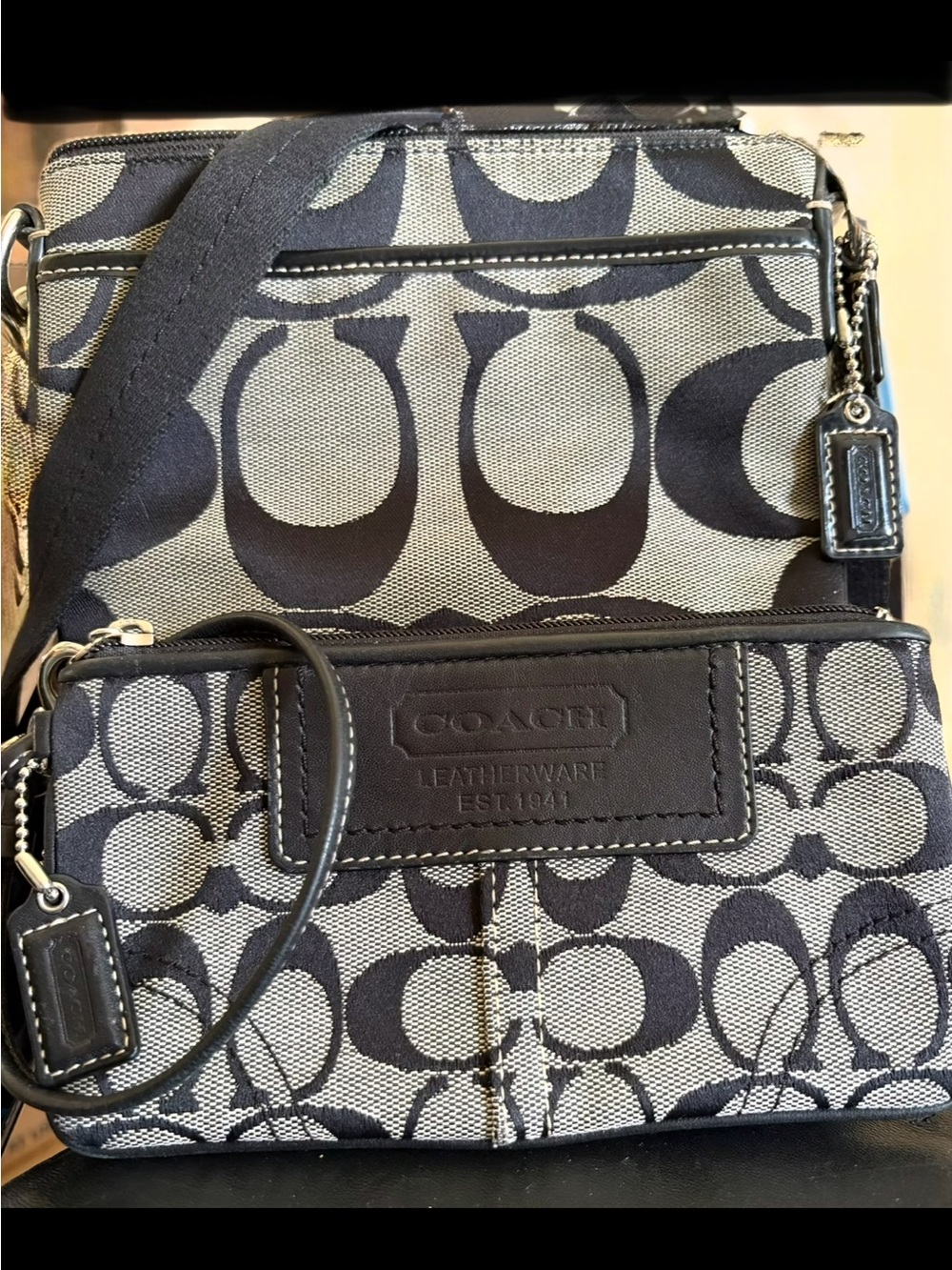 Coach Black and Cream Signature Canvas Crossbody Pouch Set